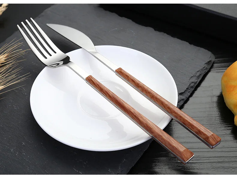 24pcs Kitchen Cutlery Set Utensils Stainless Steel Fork Spoons Knife Teaspoons Dinnerware Tableware Sets Imitation Wooden Handle