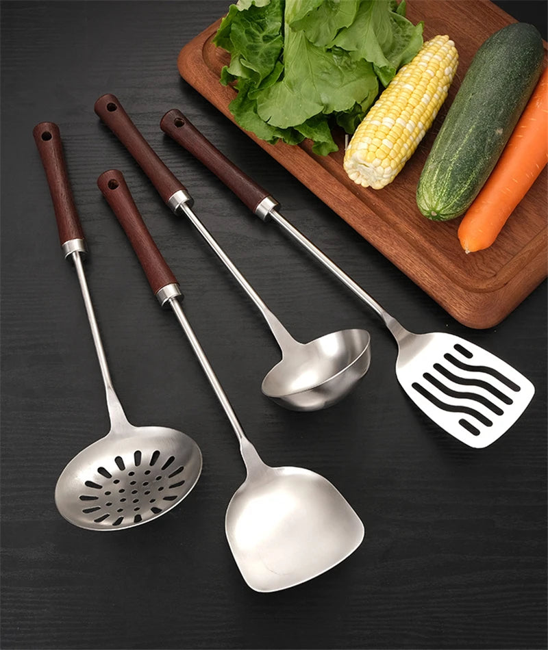 Home Wooden Handle Kitchenware Cooking Utensils Stainless Steel Spatula Frying Shovel Soup Spoon Colander Kitchen Accessories