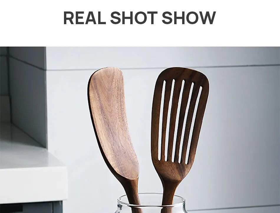 1-7pcs/set Teak natural wood tableware spoon colander spoon special nano soup skimmer cooking spoon wooden kitchen tool kit