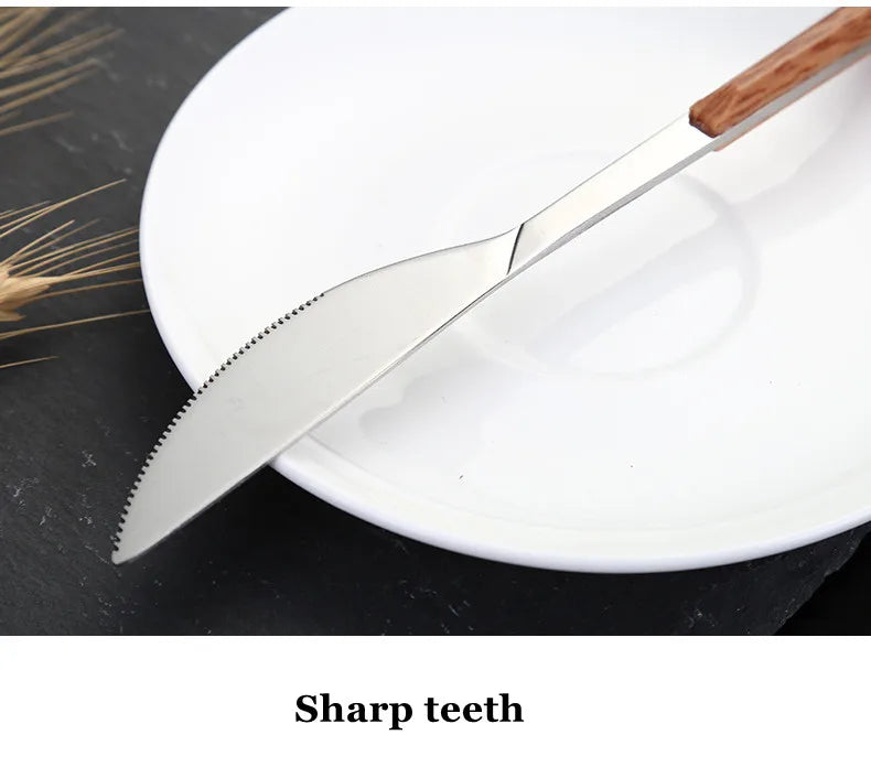24pcs Kitchen Cutlery Set Utensils Stainless Steel Fork Spoons Knife Teaspoons Dinnerware Tableware Sets Imitation Wooden Handle