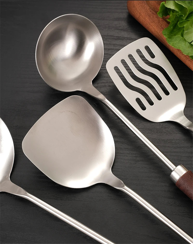Home Wooden Handle Kitchenware Cooking Utensils Stainless Steel Spatula Frying Shovel Soup Spoon Colander Kitchen Accessories