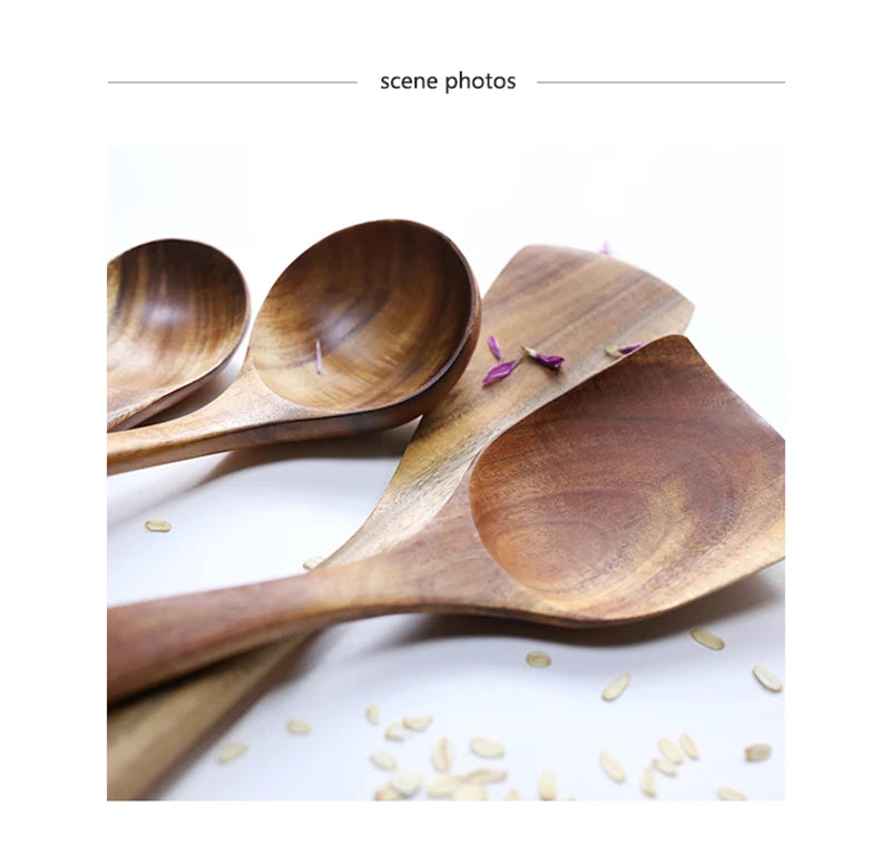 1-7pcs/set Teak natural wood tableware spoon colander spoon special nano soup skimmer cooking spoon wooden kitchen tool kit