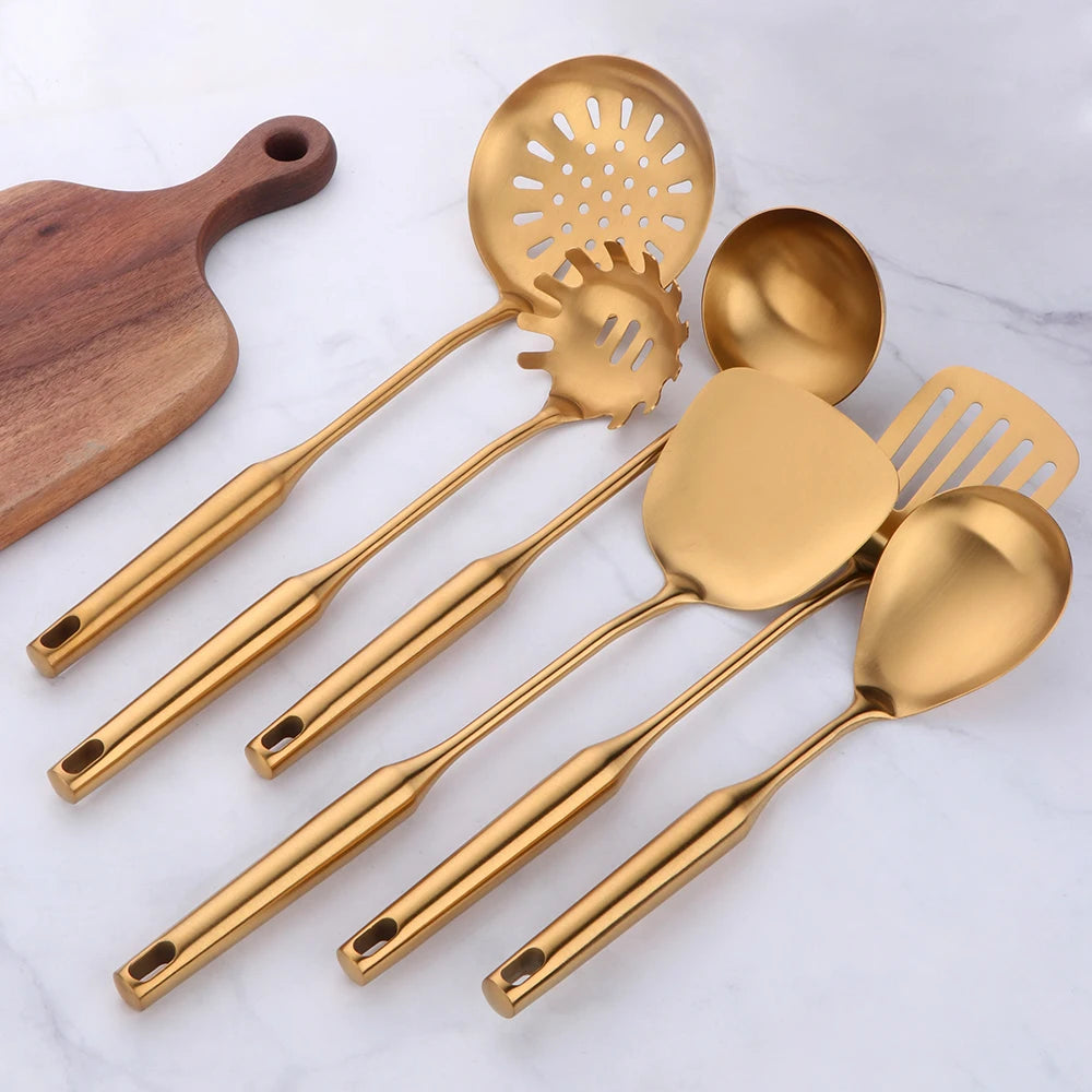 Gold cookware Stainless Steel Cooking tools spatula Shovels Turner Ladle Spoon Colander Filter Potato Mashers Kitchen Utensils