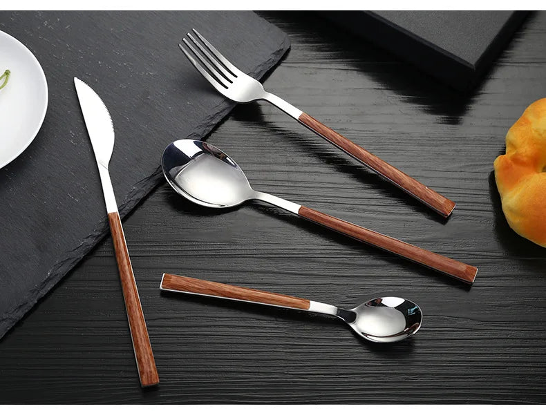 24pcs Kitchen Cutlery Set Utensils Stainless Steel Fork Spoons Knife Teaspoons Dinnerware Tableware Sets Imitation Wooden Handle