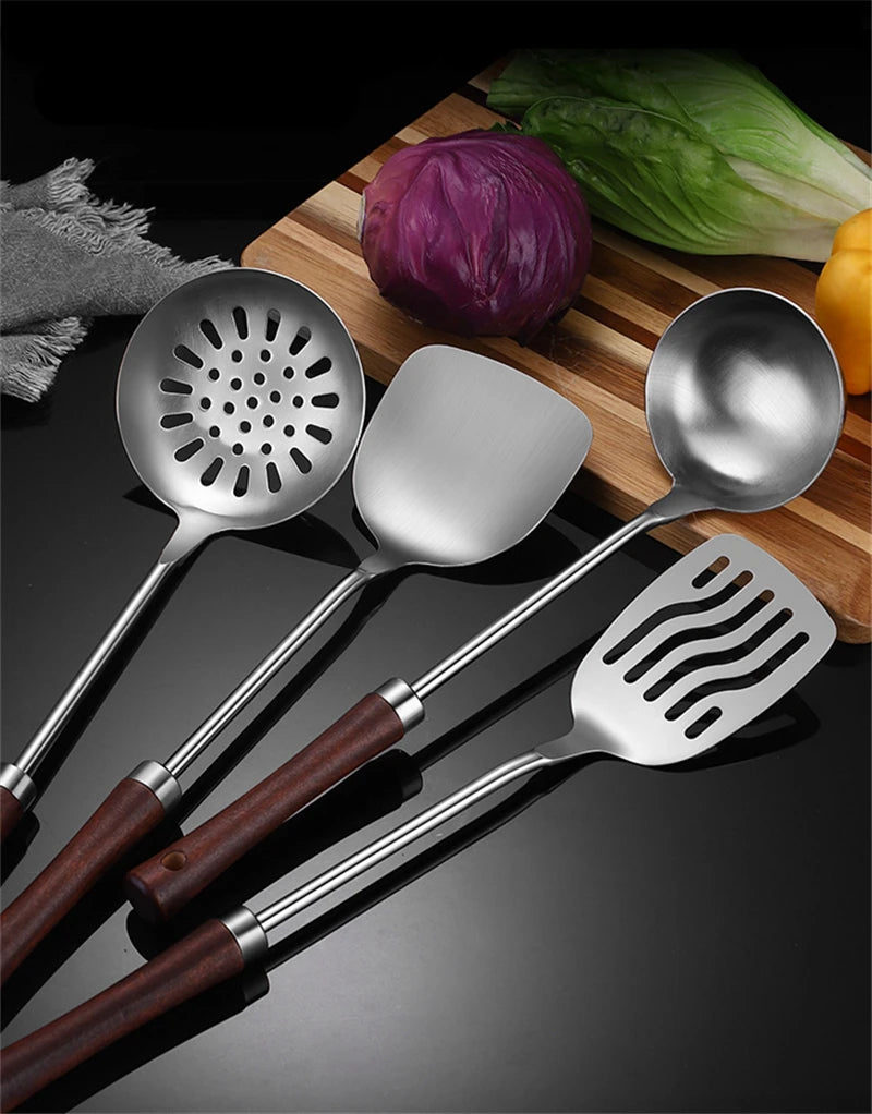 Home Wooden Handle Kitchenware Cooking Utensils Stainless Steel Spatula Frying Shovel Soup Spoon Colander Kitchen Accessories