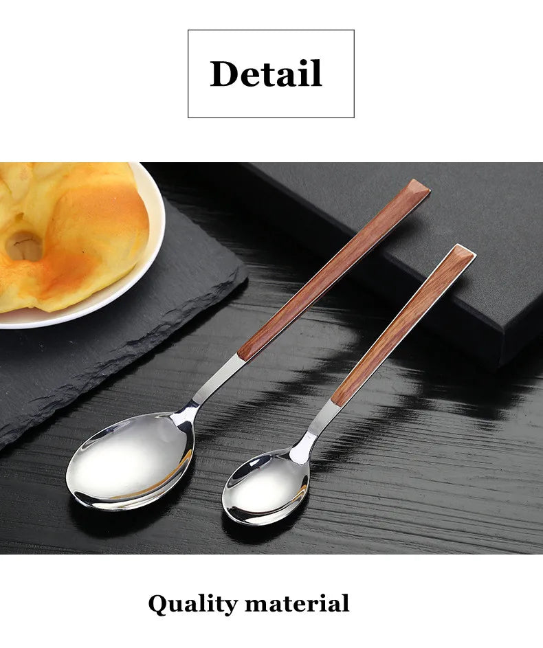 24pcs Kitchen Cutlery Set Utensils Stainless Steel Fork Spoons Knife Teaspoons Dinnerware Tableware Sets Imitation Wooden Handle