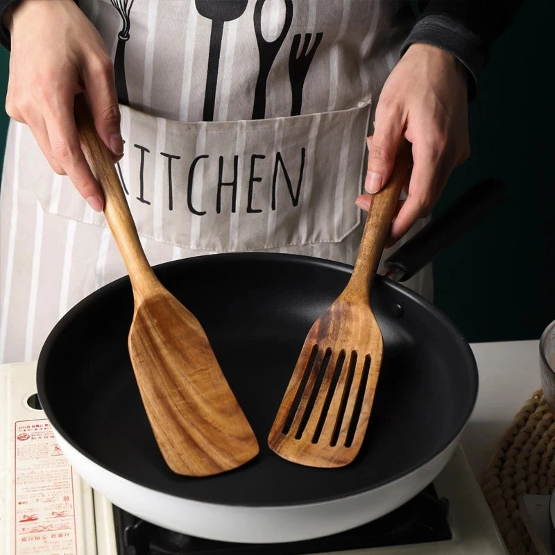 1-7pcs/set Teak natural wood tableware spoon colander spoon special nano soup skimmer cooking spoon wooden kitchen tool kit