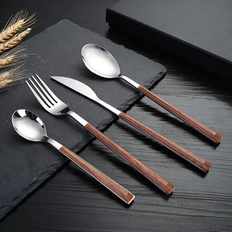 24pcs Kitchen Cutlery Set Utensils Stainless Steel Fork Spoons Knife Teaspoons Dinnerware Tableware Sets Imitation Wooden Handle
