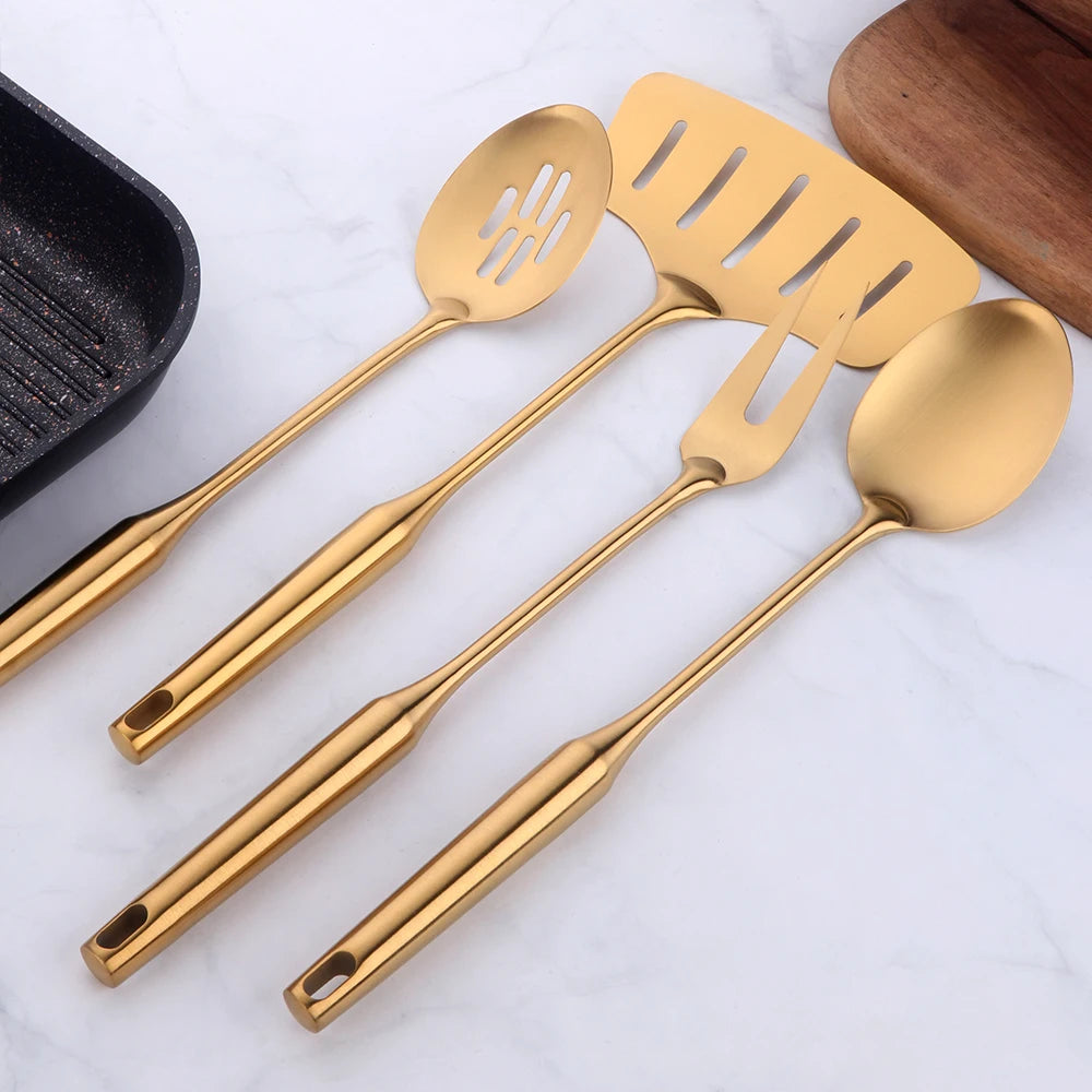 Gold cookware Stainless Steel Cooking tools spatula Shovels Turner Ladle Spoon Colander Filter Potato Mashers Kitchen Utensils