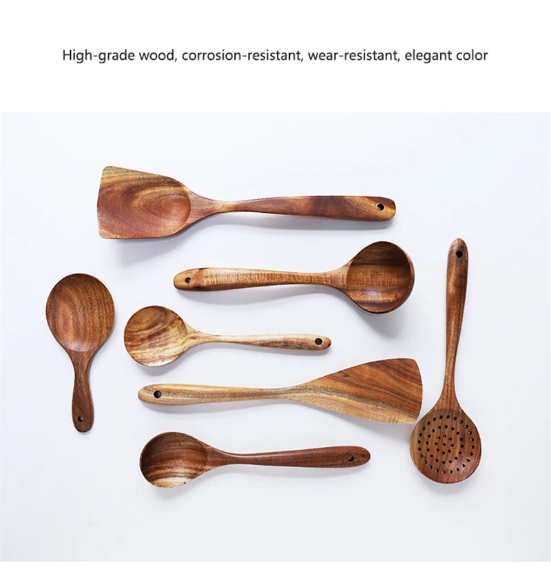 1-7pcs/set Teak natural wood tableware spoon colander spoon special nano soup skimmer cooking spoon wooden kitchen tool kit
