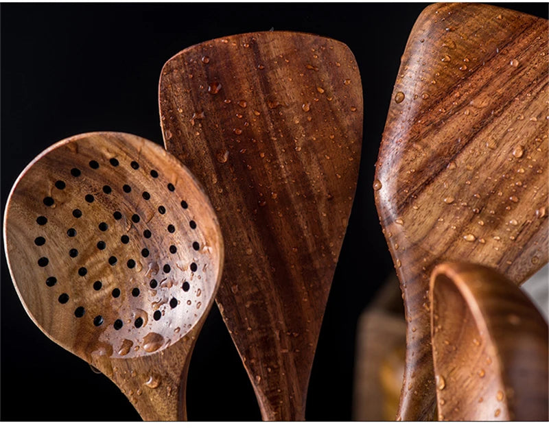 1-7pcs/set Teak natural wood tableware spoon colander spoon special nano soup skimmer cooking spoon wooden kitchen tool kit