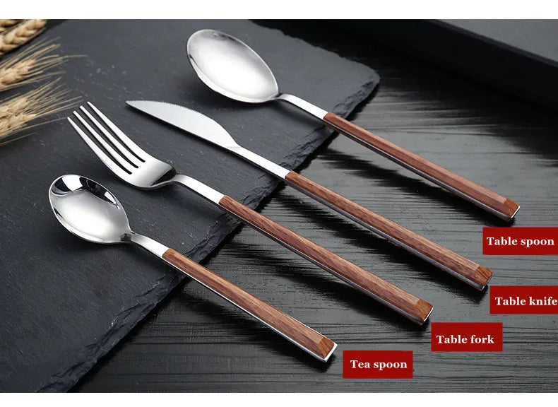 24pcs Kitchen Cutlery Set Utensils Stainless Steel Fork Spoons Knife Teaspoons Dinnerware Tableware Sets Imitation Wooden Handle