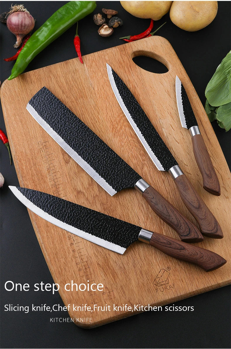 6pcs Kitchen Knives Set Chef Slicing Knives Set Meat Cleaver Fruit Knife Peeler Scissors Stainless Steel Cooking Set Tools
