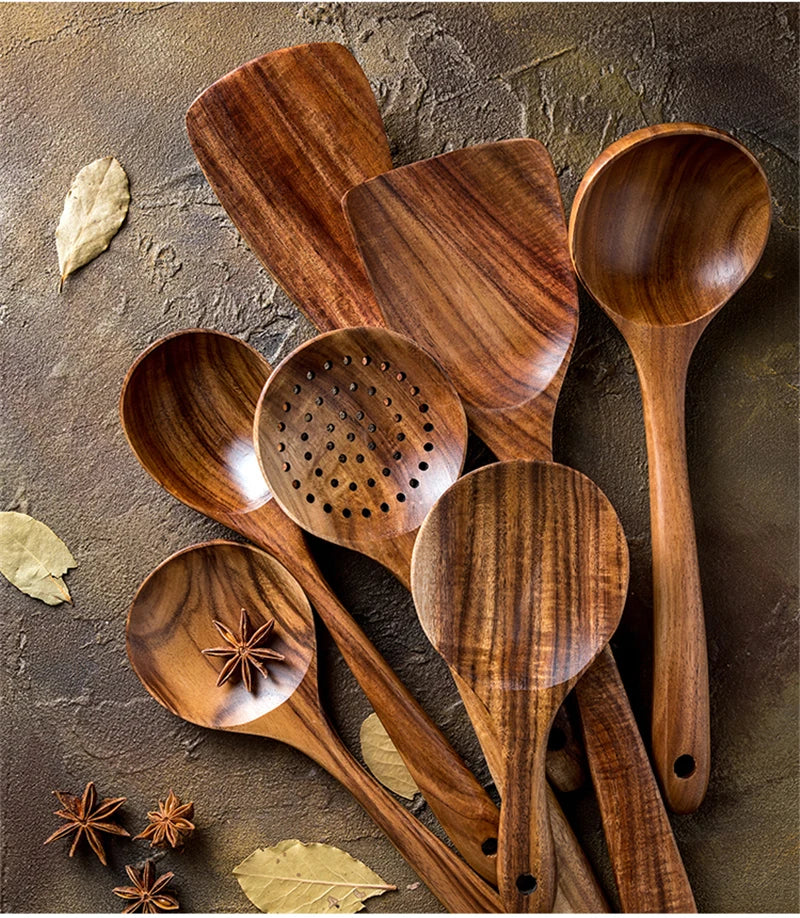 1-7pcs/set Teak natural wood tableware spoon colander spoon special nano soup skimmer cooking spoon wooden kitchen tool kit