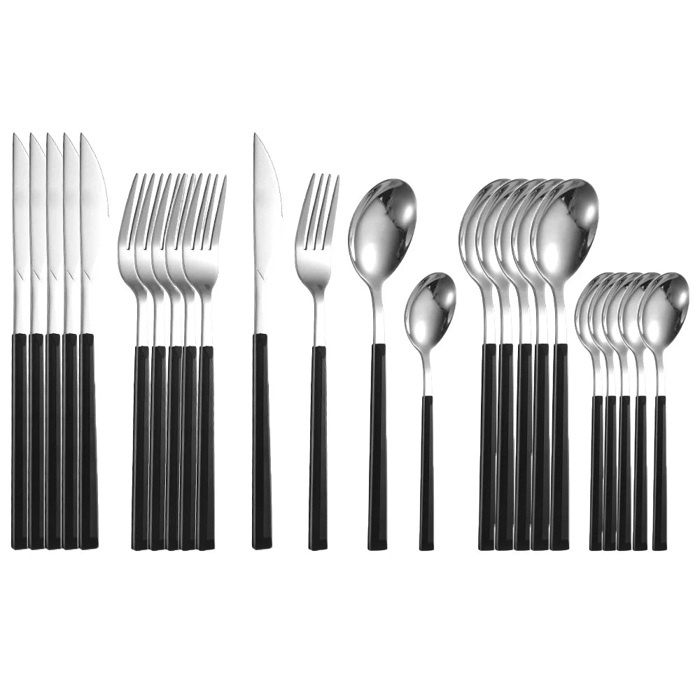 24pcs Kitchen Cutlery Set Utensils Stainless Steel Fork Spoons Knife Teaspoons Dinnerware Tableware Sets Imitation Wooden Handle