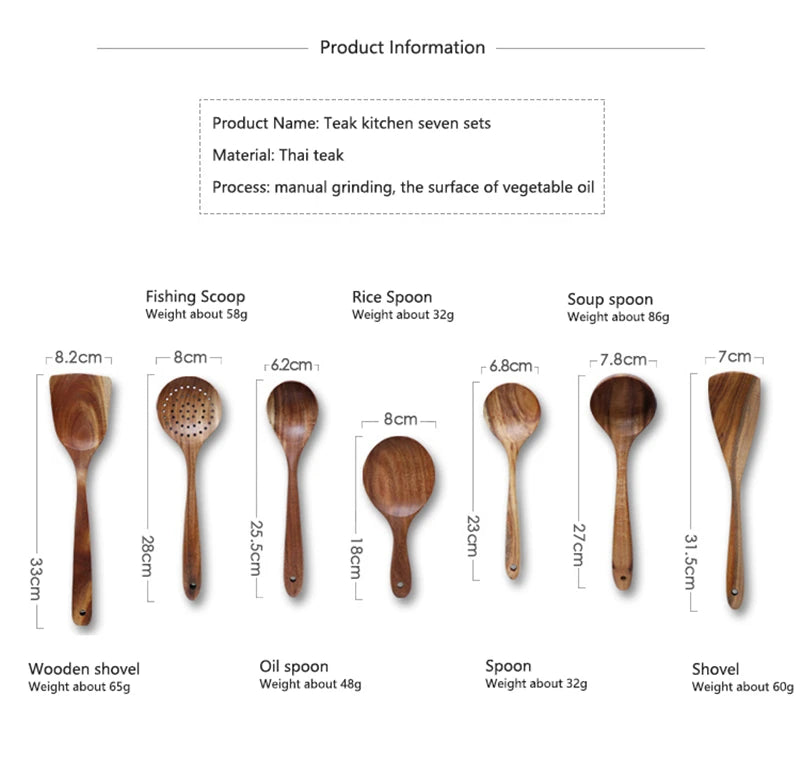 1-7pcs/set Teak natural wood tableware spoon colander spoon special nano soup skimmer cooking spoon wooden kitchen tool kit