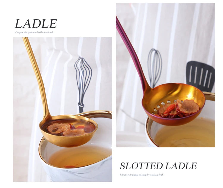 1PC Stainless Steel Kitchen Cookware Gold Cooking Utensils Soup Spoon Eggbeater Food Clip Rice Colander Skimmer Cooking Utensils