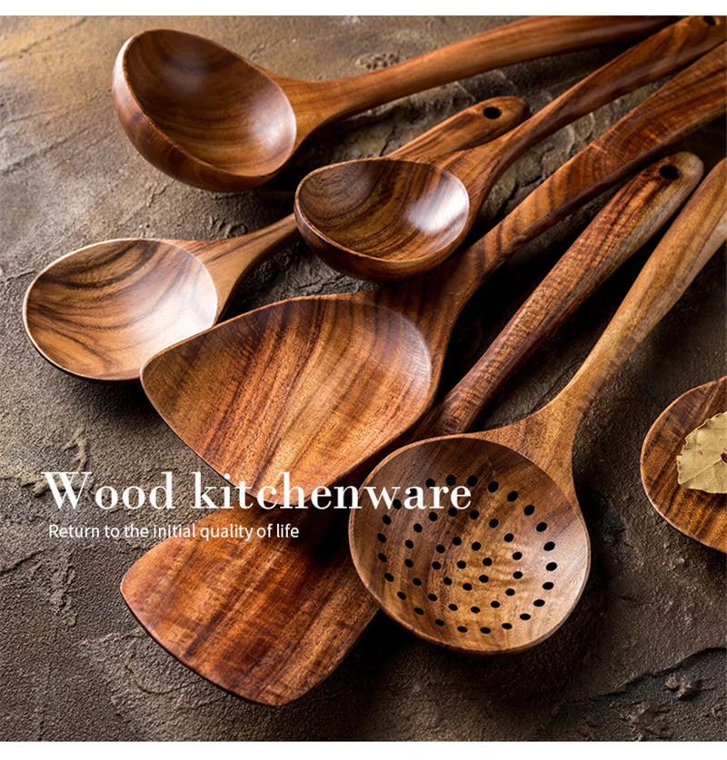 1-7pcs/set Teak natural wood tableware spoon colander spoon special nano soup skimmer cooking spoon wooden kitchen tool kit