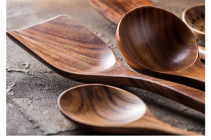 1-7pcs/set Teak natural wood tableware spoon colander spoon special nano soup skimmer cooking spoon wooden kitchen tool kit