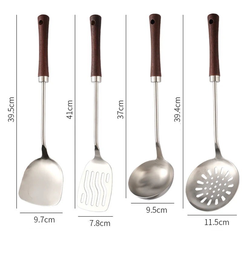 Home Wooden Handle Kitchenware Cooking Utensils Stainless Steel Spatula Frying Shovel Soup Spoon Colander Kitchen Accessories