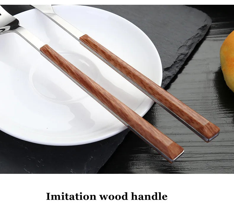 24pcs Kitchen Cutlery Set Utensils Stainless Steel Fork Spoons Knife Teaspoons Dinnerware Tableware Sets Imitation Wooden Handle