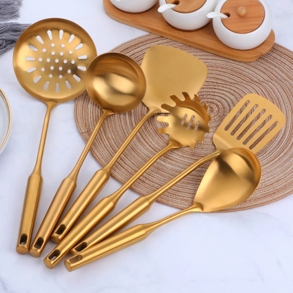 Gold cookware Stainless Steel Cooking tools spatula Shovels Turner Ladle Spoon Colander Filter Potato Mashers Kitchen Utensils