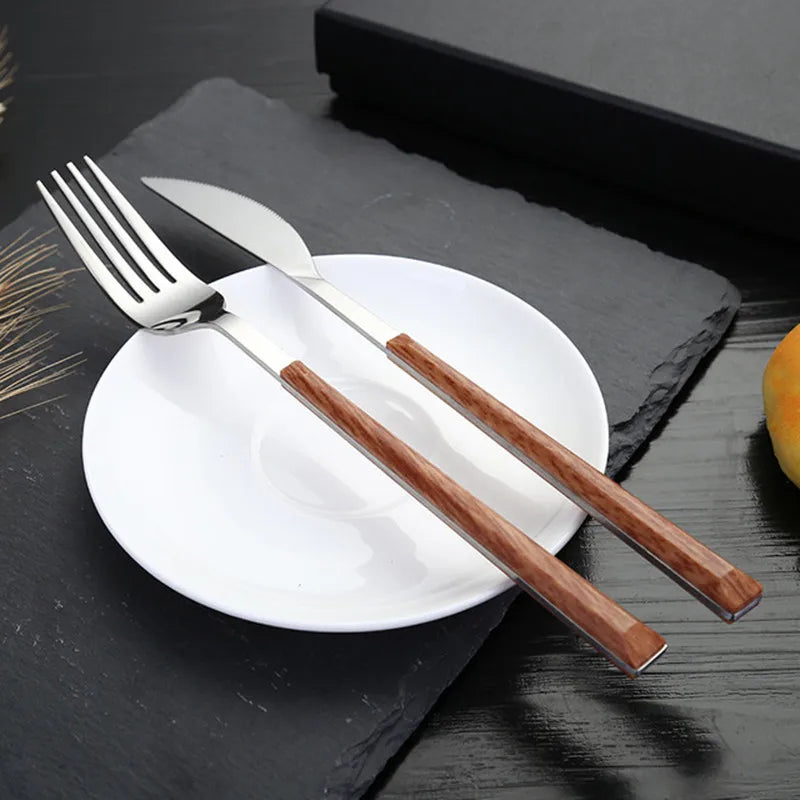 24pcs Kitchen Cutlery Set Utensils Stainless Steel Fork Spoons Knife Teaspoons Dinnerware Tableware Sets Imitation Wooden Handle