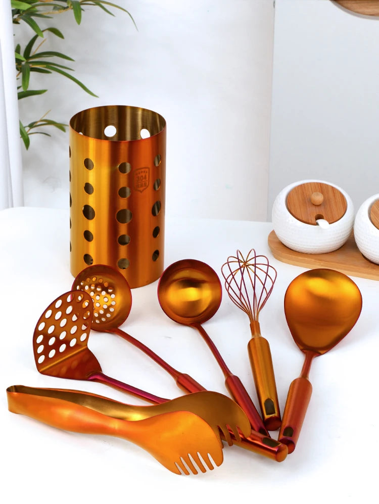 1PC Stainless Steel Kitchen Cookware Gold Cooking Utensils Soup Spoon Eggbeater Food Clip Rice Colander Skimmer Cooking Utensils