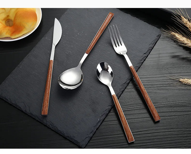 24pcs Kitchen Cutlery Set Utensils Stainless Steel Fork Spoons Knife Teaspoons Dinnerware Tableware Sets Imitation Wooden Handle