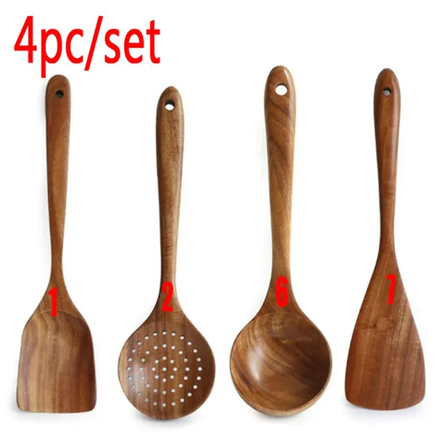 1-7pcs/set Teak natural wood tableware spoon colander spoon special nano soup skimmer cooking spoon wooden kitchen tool kit