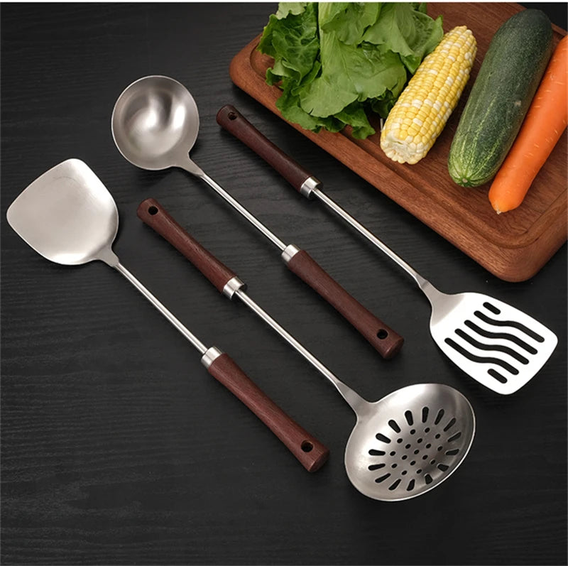 Home Wooden Handle Kitchenware Cooking Utensils Stainless Steel Spatula Frying Shovel Soup Spoon Colander Kitchen Accessories