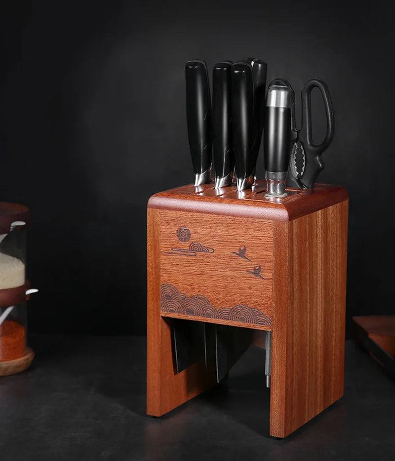 Kitchen Knife Rack Ebony Wood Hollow Knife Block Scissors Slicer Santoku knives Storage Stand Organizer Chef Knife Holder Shelf