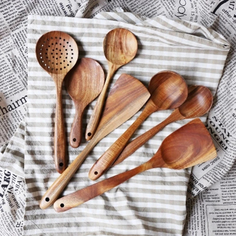 1-7pcs/set Teak natural wood tableware spoon colander spoon special nano soup skimmer cooking spoon wooden kitchen tool kit