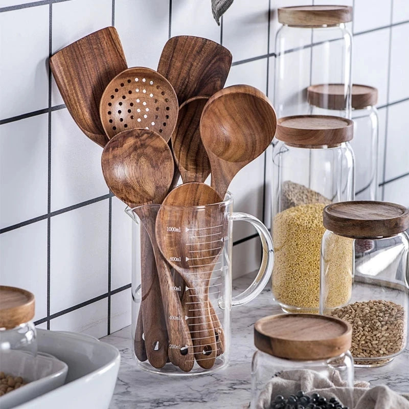 1-7pcs/set Teak natural wood tableware spoon colander spoon special nano soup skimmer cooking spoon wooden kitchen tool kit