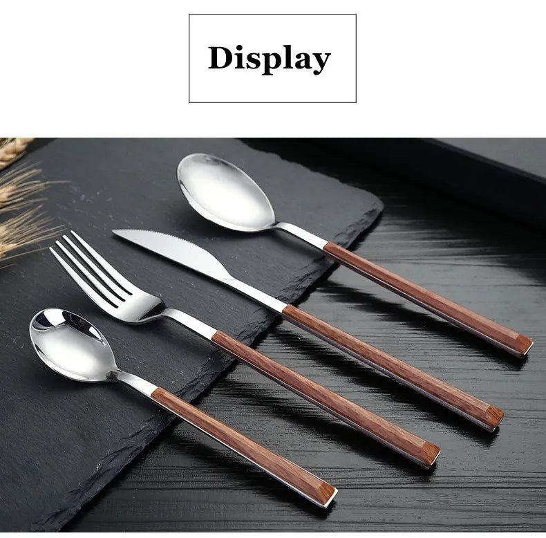 24pcs Kitchen Cutlery Set Utensils Stainless Steel Fork Spoons Knife Teaspoons Dinnerware Tableware Sets Imitation Wooden Handle