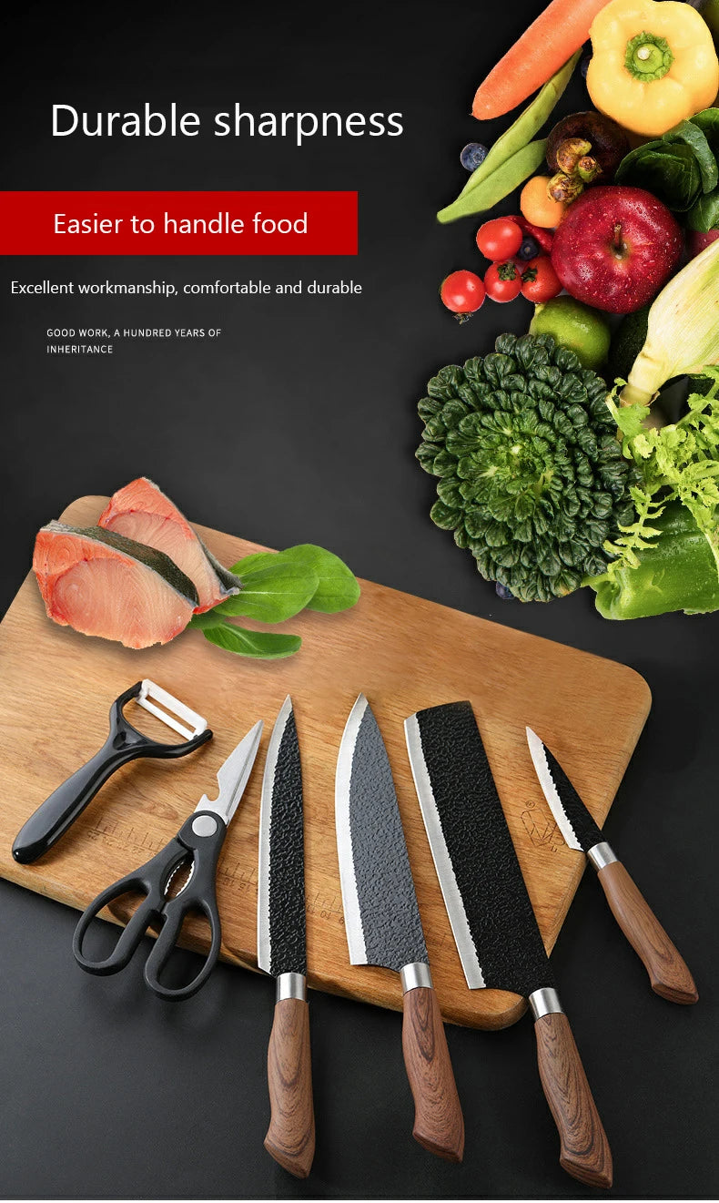 6pcs Kitchen Knives Set Chef Slicing Knives Set Meat Cleaver Fruit Knife Peeler Scissors Stainless Steel Cooking Set Tools