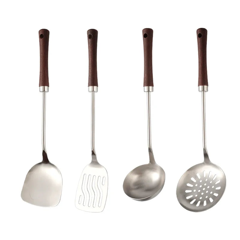 Home Wooden Handle Kitchenware Cooking Utensils Stainless Steel Spatula Frying Shovel Soup Spoon Colander Kitchen Accessories
