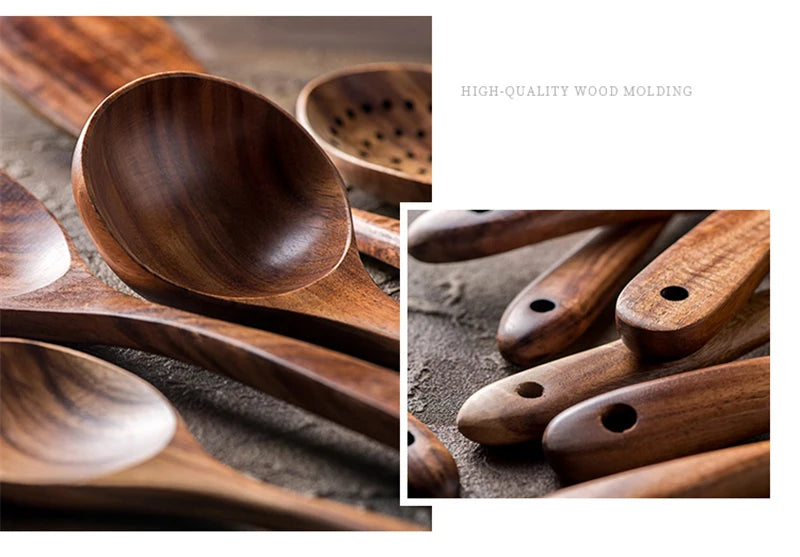 1-7pcs/set Teak natural wood tableware spoon colander spoon special nano soup skimmer cooking spoon wooden kitchen tool kit
