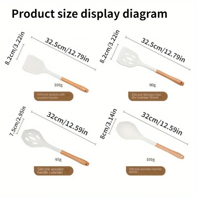 1Set of Silicone Kitchen Utensils with Wooden Handles,equipped with Storage Buckets for Easy Storage and A Cleaner Kitchen