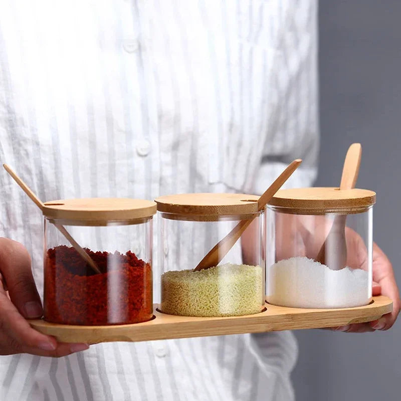 Kitchen Glass Condiment Jars Set Clear Spice Salt Container with Tray Coffee Beans Organizer Bottle Dust-Proof Seasoning Bottle