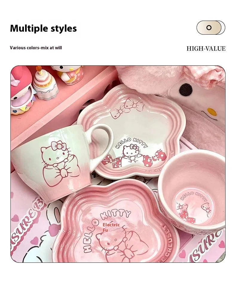 Cartoon Kitty Children Tableware Set Pink Ceramic Dinner Plate Dish Plate Tea Cup Cat Plate Cute Meal Kitchen Home Household