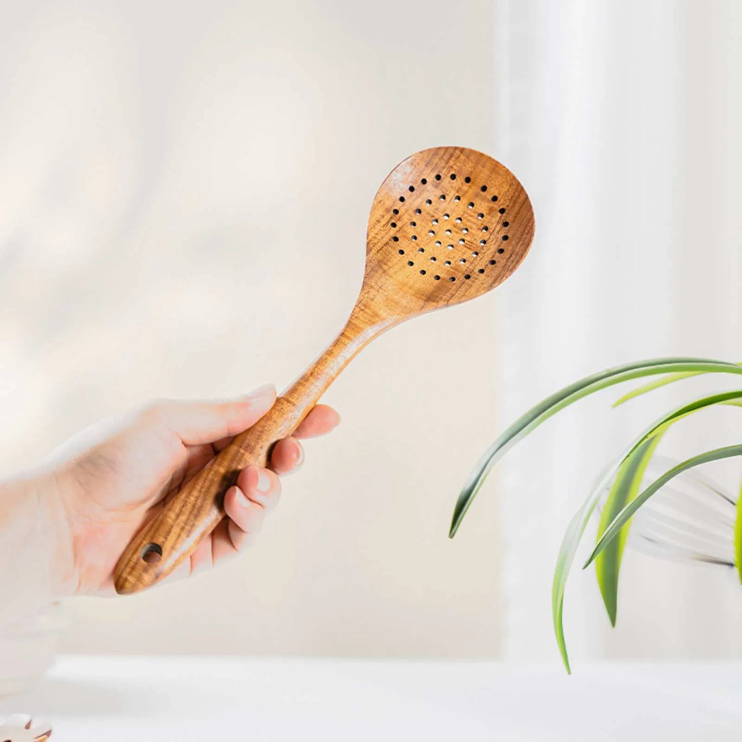 9pcs Natural Wood Kitchenware Set Skimmer Spoons Salad Scoop Kitchen Utensils Non Stick Rice Colander Soup Cooking Tools