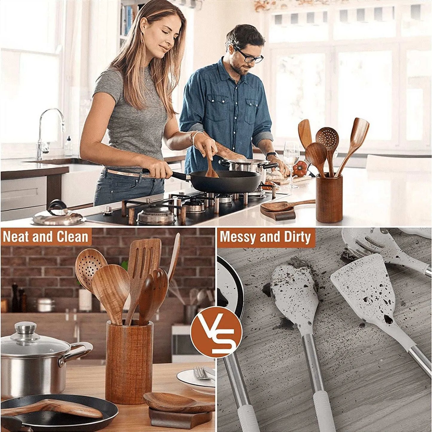9pcs Natural Wood Kitchenware Set Skimmer Spoons Salad Scoop Kitchen Utensils Non Stick Rice Colander Soup Cooking Tools