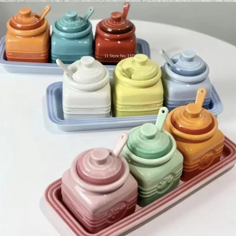 European Style Kitchen Spice Organizer Creative Ceramic Spice Jar with Spoon Gift Box Set Jam Storage Jar with Lid Spice Rack