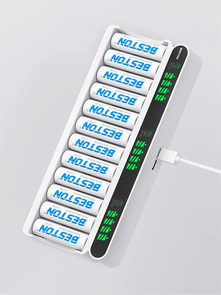 12-Slot AA/AAA Battery Charger – 1.2V Smart Fast Charge & Discharge LCD Recharger for Ni-MH Batteries