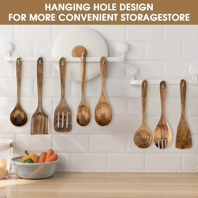 Durable Acacia Wooden 8pcs Kitchen Utensil Set - Non-Stick Cookware Tools, Multi-Purpose Cooking Spoons And Spatulas Kit