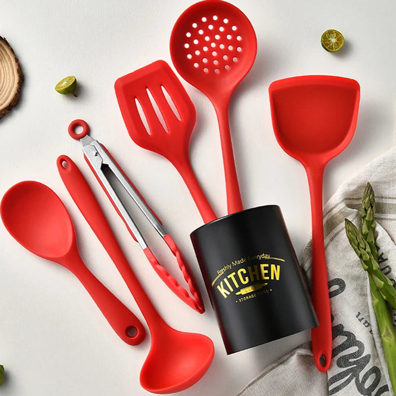 6PCS Silicone Kitchenware Non-Stick Cookware Kitchen Utensils Set Spatula Shovel Spoon Cooking Tool Set Withl Storage Bucket Too