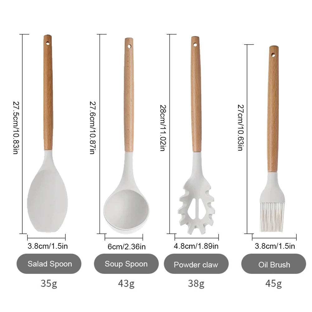 12Pcs Kitchen Utensil Set Silicone Spatula Set Wooden Handle Heat-Resistant Cookware Spatula Spoon Brush Whisk for Home Kitchen