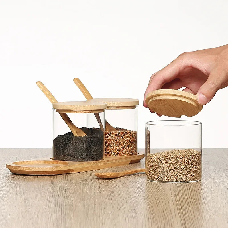Kitchen Glass Condiment Jars Set Clear Spice Salt Container with Tray Coffee Beans Organizer Bottle Dust-Proof Seasoning Bottle