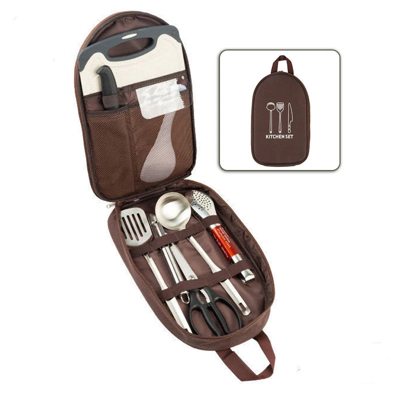8pcs Camp Kitchen Cooking Utensil Set With Large Capacity Storage Bag Food Grade Waterproof Easy To Clean For Camping Hiking
